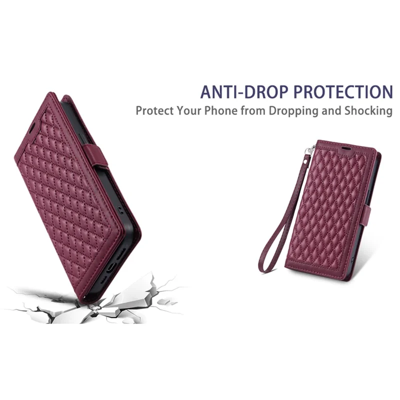 Para Motorola Moto G86 5G Funda de Cuero Textura de Rombo Cartera Soporte Funda de Teléfono con Correa de Muñeca - Rojo Vino
