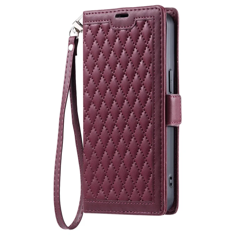 Para Motorola Moto G86 5G Funda de Cuero Textura de Rombo Cartera Soporte Funda de Teléfono con Correa de Muñeca - Rojo Vino