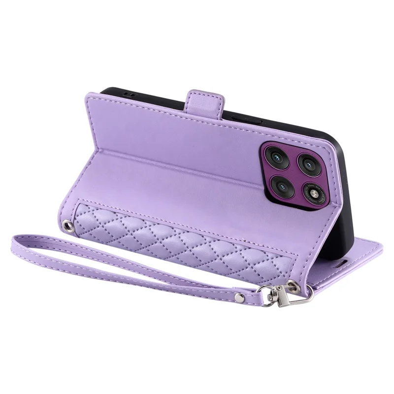 Funda de Cuero para Motorola Moto G86 5G con Textura de Rombos, Soporte de Cartera y Correa de Muñeca - Morado