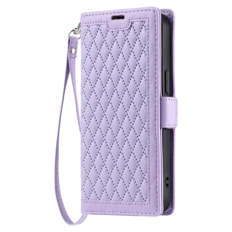 Funda de Cuero para Motorola Moto G86 5G con Textura de Rombos, Soporte de Cartera y Correa de Muñeca - Morado