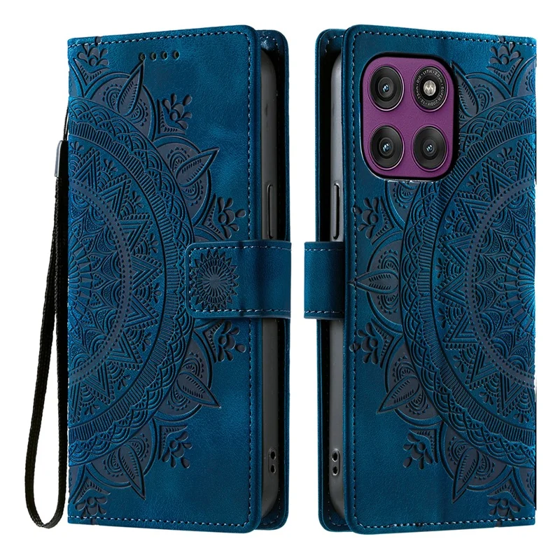 Für Motorola Moto G86 5G Hülle mit geprägtem Totem-Muster, Wallet-Lederoptik und Handschlaufe - Blau