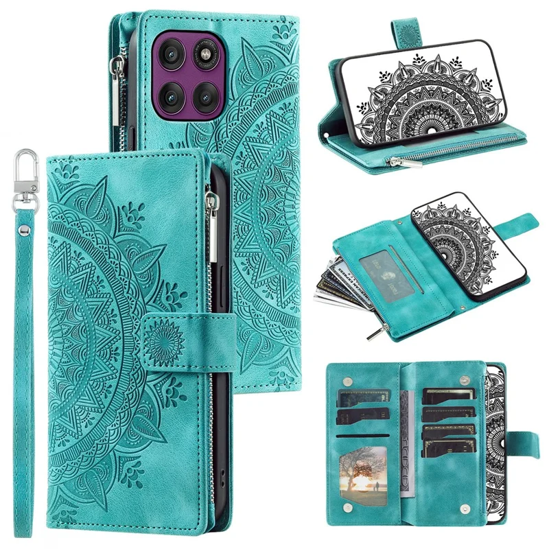 Cover a portafoglio per Motorola Moto G86 5G con motivo Mandala a fiori, in pelle PU con cinturino da polso - Verde Menta