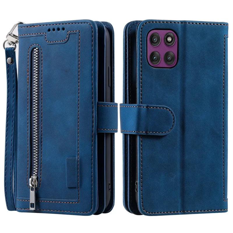Cover a portafoglio per Motorola Moto G86 5G con 9 slot per carte, chiusura a zip, in pelle PU con cinturino da polso - Blu