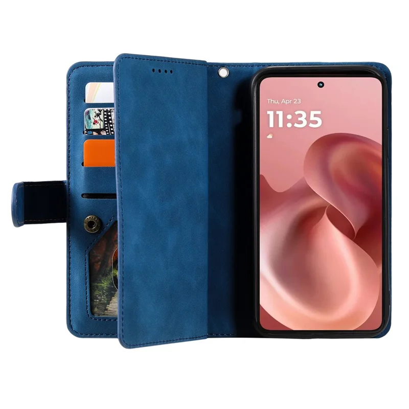 Cover a portafoglio per Motorola Moto G86 5G con 9 slot per carte, chiusura a zip, in pelle PU con cinturino da polso - Blu