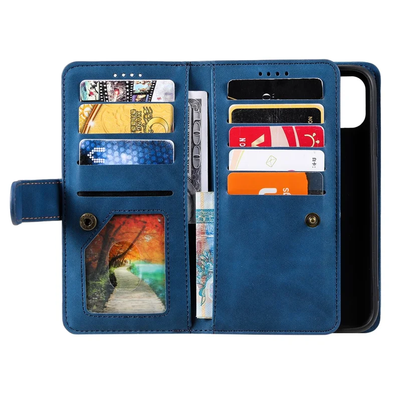 Cover a portafoglio per Motorola Moto G86 5G con 9 slot per carte, chiusura a zip, in pelle PU con cinturino da polso - Blu