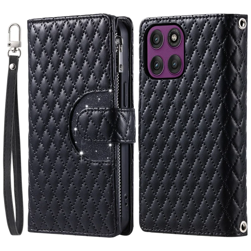 For Motorola Moto G56 5G Case Zipper Pocket Glitter Leather Phone Cover with Wrist Strap - Black