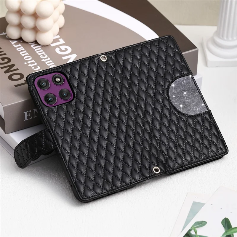 For Motorola Moto G56 5G Case Zipper Pocket Glitter Leather Phone Cover with Wrist Strap - Black