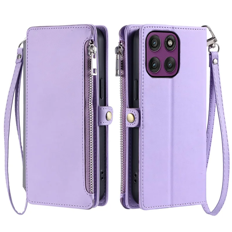 For Motorola Moto G56 5G Case TPU + PU Leather Wallet Phone Cover with Wrist Strap - Purple