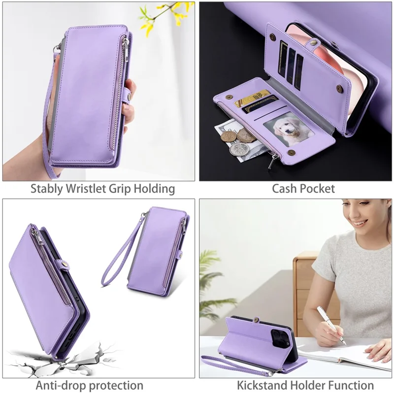 For Motorola Moto G56 5G Case TPU + PU Leather Wallet Phone Cover with Wrist Strap - Purple