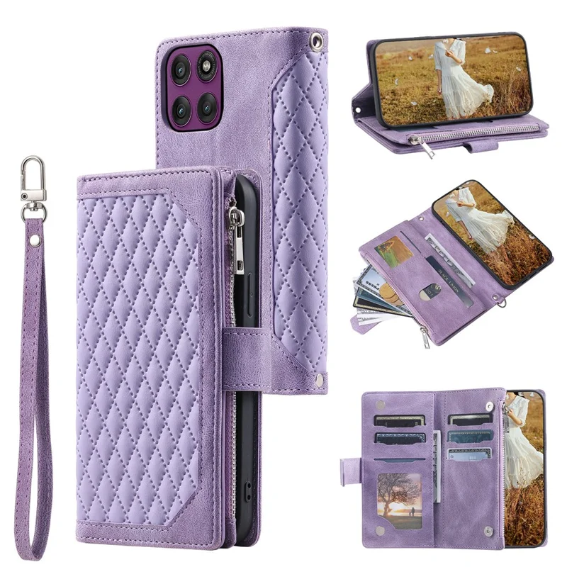 Per Motorola Moto G56 5G Cover a Portafoglio con Linea a Rombo Cucita, in Pelle PU con Cinturino da Polso - Viola