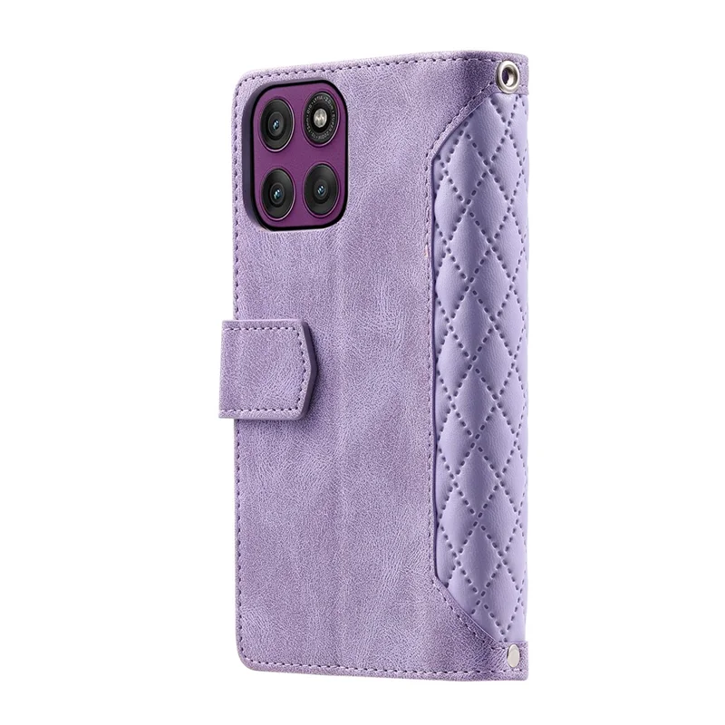 Per Motorola Moto G56 5G Cover a Portafoglio con Linea a Rombo Cucita, in Pelle PU con Cinturino da Polso - Viola