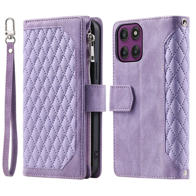 Per Motorola Moto G56 5G Cover a Portafoglio con Linea a Rombo Cucita, in Pelle PU con Cinturino da Polso - Viola