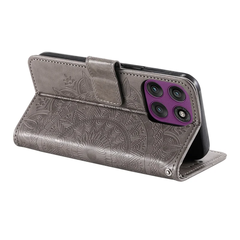 For Motorola Moto G56 5G Stand Case Imprinted Totem PU Leather Wallet Phone Cover with Wrist Strap - Grey