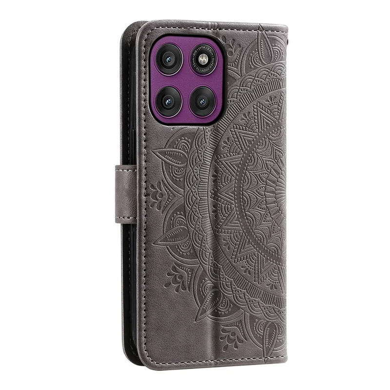 For Motorola Moto G56 5G Stand Case Imprinted Totem PU Leather Wallet Phone Cover with Wrist Strap - Grey