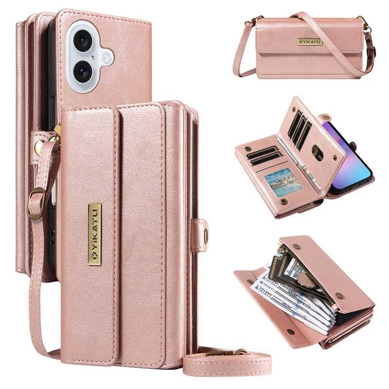 YIKATU YK-008 For iPhone 17 Case Zipper Wallet Leather Phone Cover with Shoulder Strap - Rose Gold