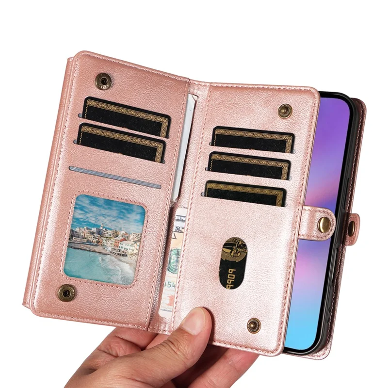 YIKATU YK-008 For iPhone 17 Case Zipper Wallet Leather Phone Cover with Shoulder Strap - Rose Gold
