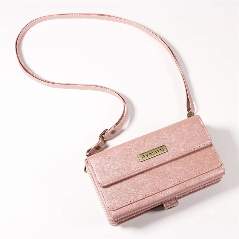 YIKATU YK-008 For iPhone 17 Case Zipper Wallet Leather Phone Cover with Shoulder Strap - Rose Gold