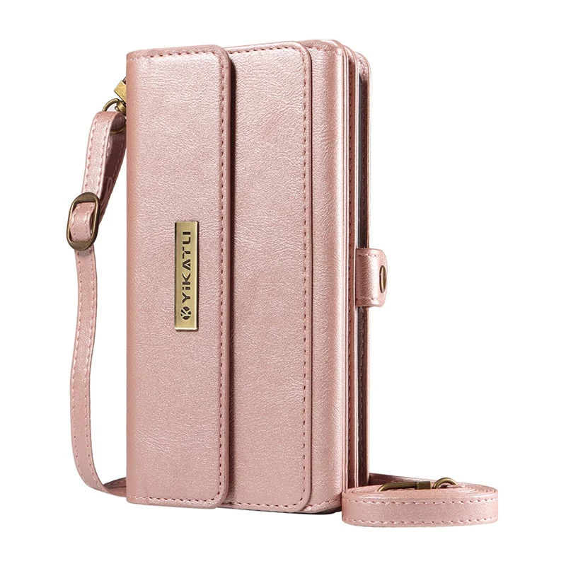 YIKATU YK-008 For iPhone 17 Case Zipper Wallet Leather Phone Cover with Shoulder Strap - Rose Gold