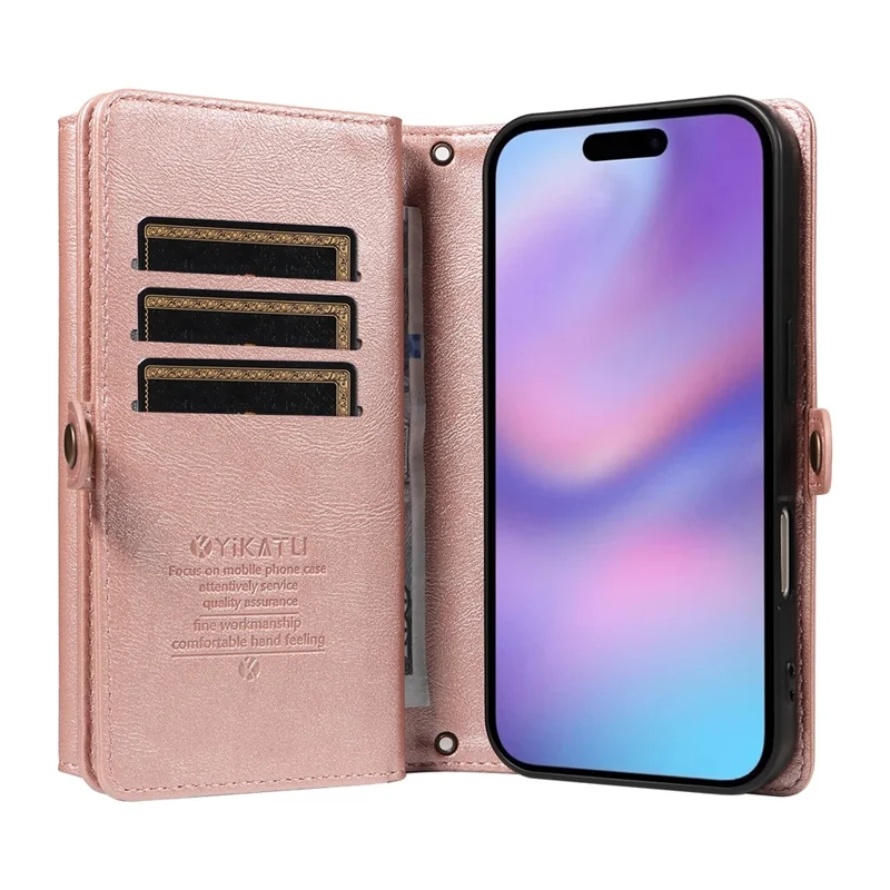 YIKATU YK-008 For iPhone 17 Case Zipper Wallet Leather Phone Cover with Shoulder Strap - Rose Gold