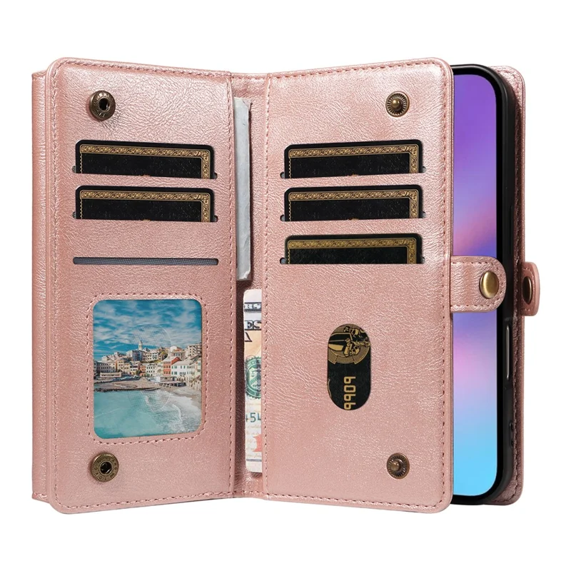 YIKATU YK-008 For iPhone 17 Case Zipper Wallet Leather Phone Cover with Shoulder Strap - Rose Gold
