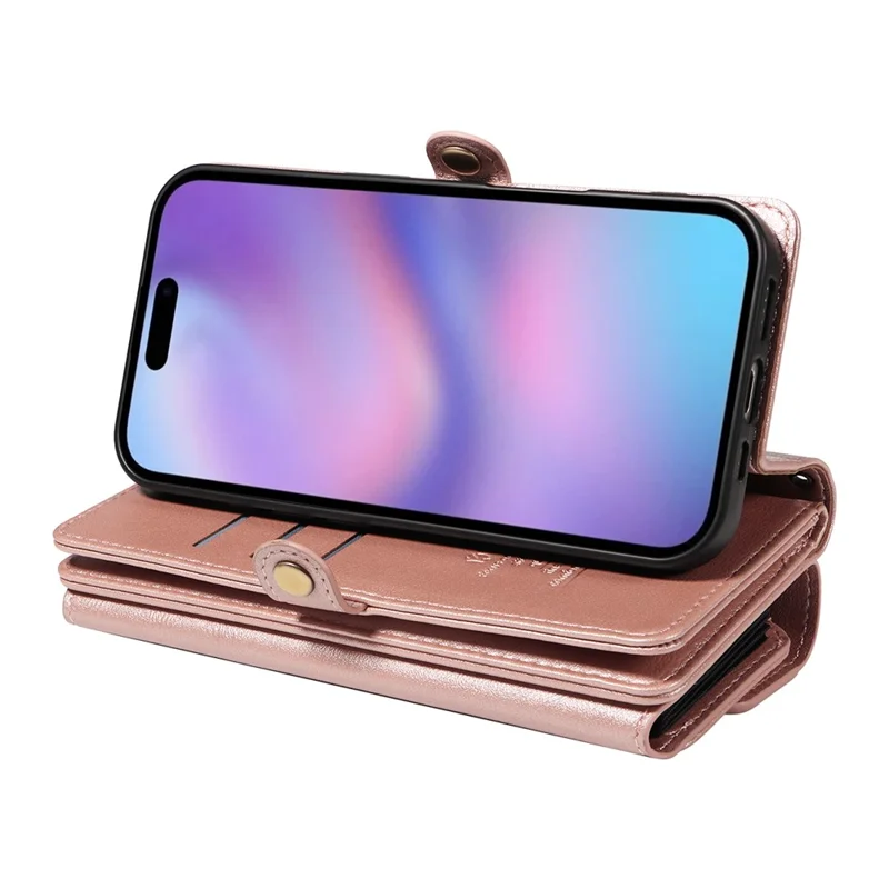 YIKATU YK-008 For iPhone 17 Case Zipper Wallet Leather Phone Cover with Shoulder Strap - Rose Gold