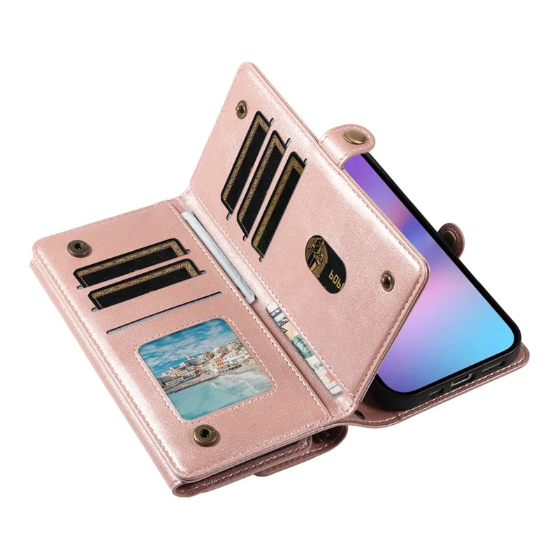 YIKATU YK-008 For iPhone 17 Case Zipper Wallet Leather Phone Cover with Shoulder Strap - Rose Gold