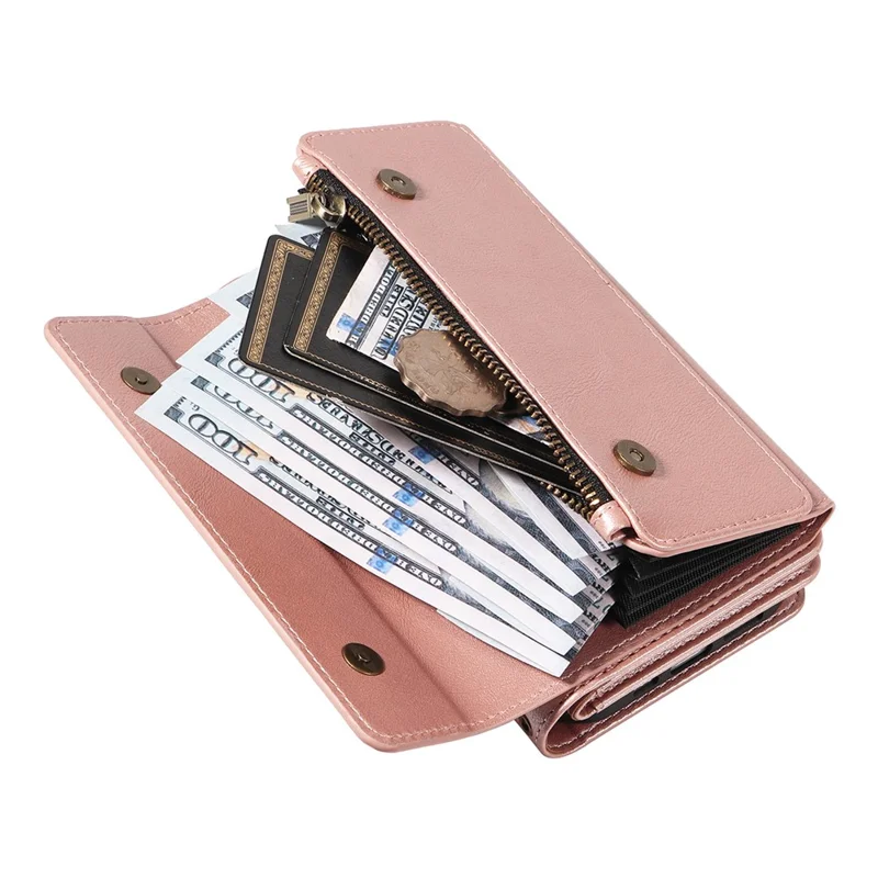 YIKATU YK-008 For iPhone 17 Case Zipper Wallet Leather Phone Cover with Shoulder Strap - Rose Gold