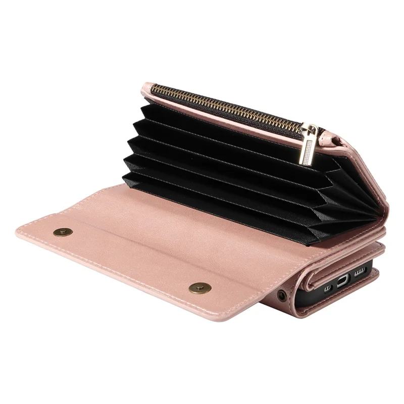 YIKATU YK-008 For iPhone 17 Case Zipper Wallet Leather Phone Cover with Shoulder Strap - Rose Gold