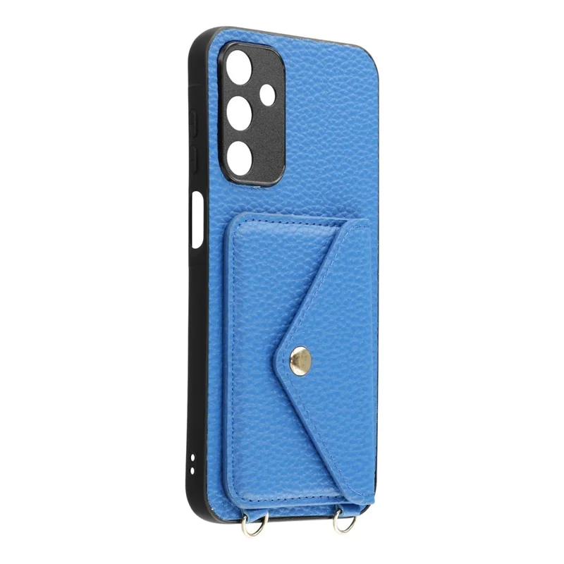 For Samsung Galaxy A15 5G  /  4G Case Card Holder Litchi Texture PU Leather + TPU Phone Cover with Straps - Blue