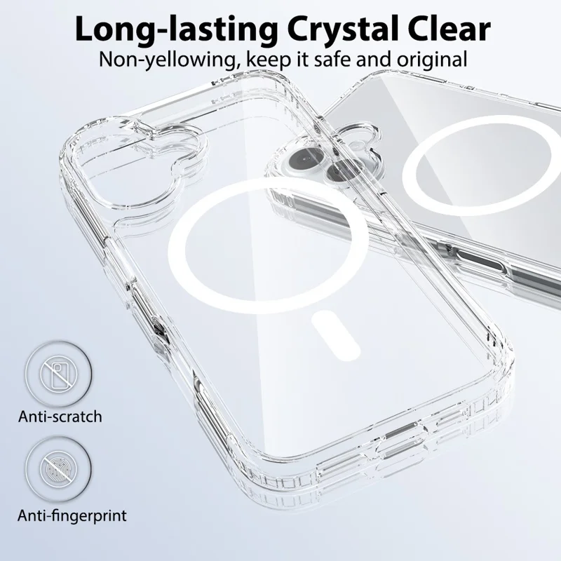 For iPhone 16 Magnetic Case Scratch-Resistant TPU + PC Crystal Clear Phone Cover