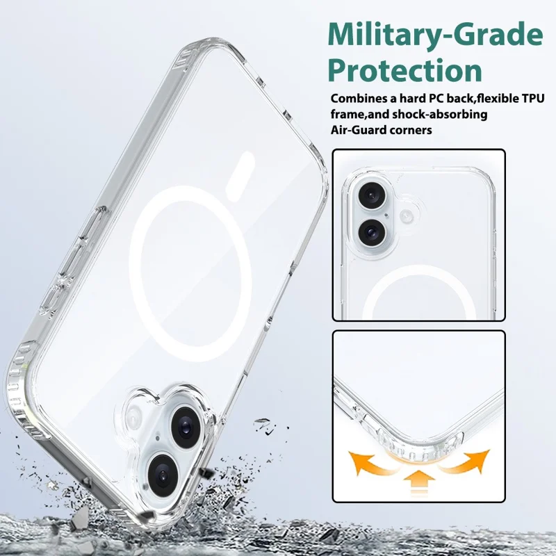 For iPhone 16 Magnetic Case Scratch-Resistant TPU + PC Crystal Clear Phone Cover