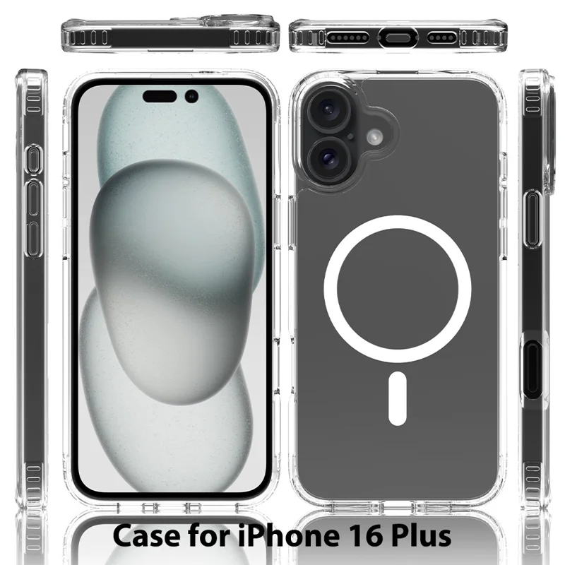 For iPhone 16 Plus Magnetic Case Scratch-Resistant TPU + PC Crystal Clear Phone Cover