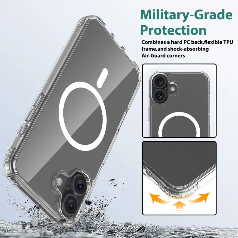 For iPhone 16 Plus Magnetic Case Scratch-Resistant TPU + PC Crystal Clear Phone Cover