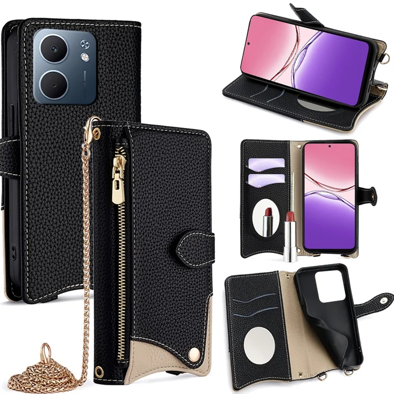 For Oppo A5x 5G Leather Case Wallet Stand Cover Irregular Tail Style with Chain Strap - Black
