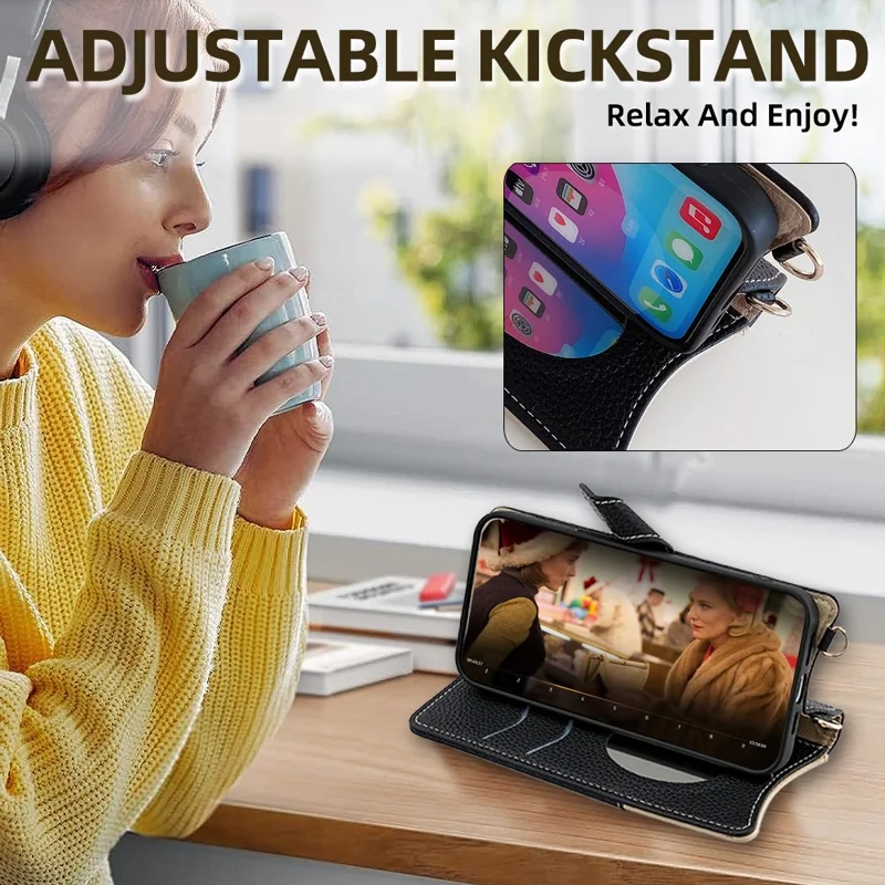 For Oppo A5x 5G Leather Case Wallet Stand Cover Irregular Tail Style with Chain Strap - Black