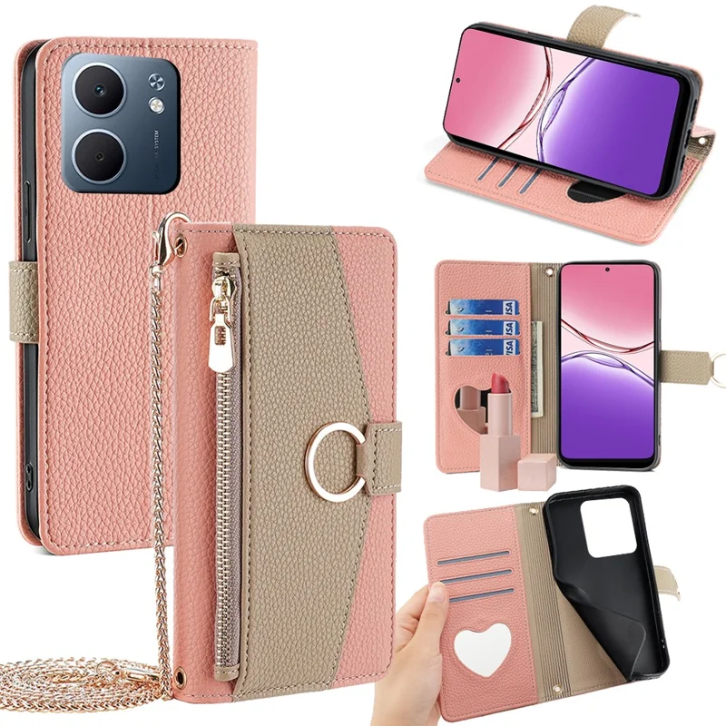 For Oppo A5x 5G Case Mirror Wallet Leather Phone Cover with Chain Shoulder Strap - Pink