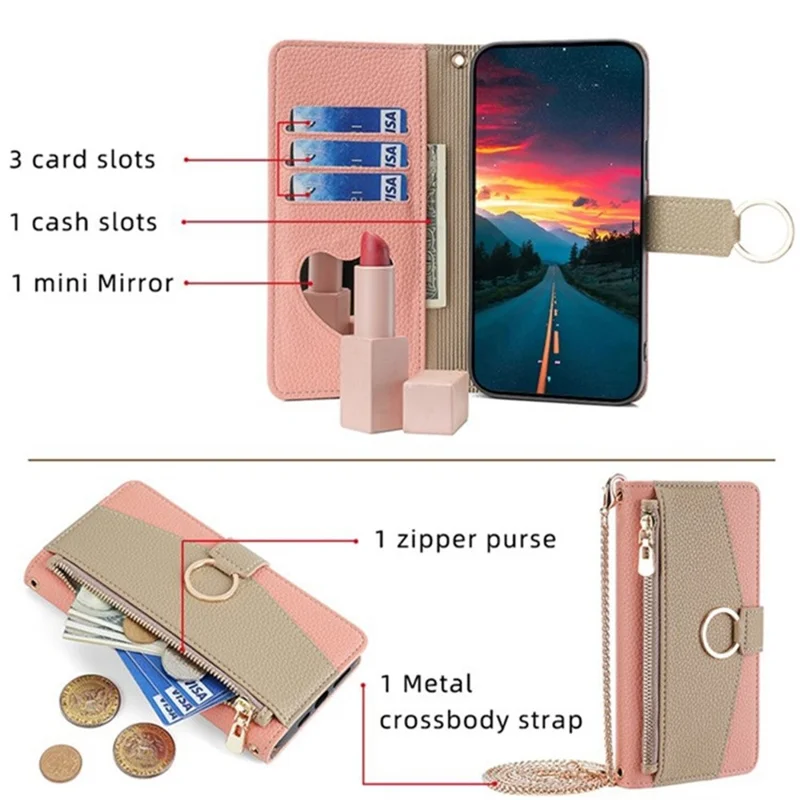 For Oppo A5x 5G Case Mirror Wallet Leather Phone Cover with Chain Shoulder Strap - Pink