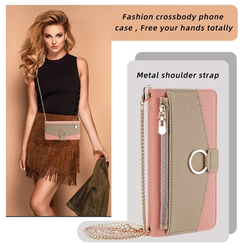 For Oppo A5x 5G Case Mirror Wallet Leather Phone Cover with Chain Shoulder Strap - Pink
