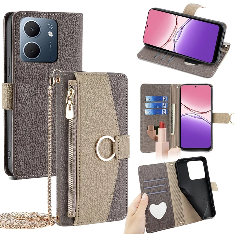 For Oppo A5x 5G Case Mirror Wallet Leather Phone Cover with Chain Shoulder Strap - Grey