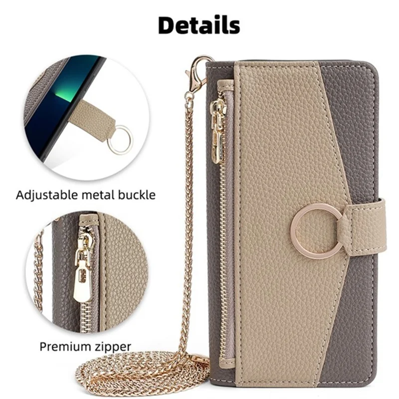 For Oppo A5x 5G Case Mirror Wallet Leather Phone Cover with Chain Shoulder Strap - Grey
