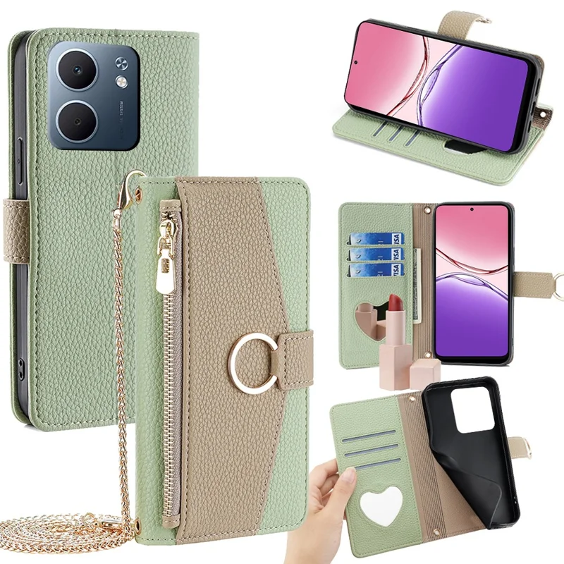 For Oppo A5x 5G Case Mirror Wallet Leather Phone Cover with Chain Shoulder Strap - Green