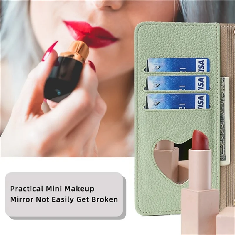 For Oppo A5x 5G Case Mirror Wallet Leather Phone Cover with Chain Shoulder Strap - Green