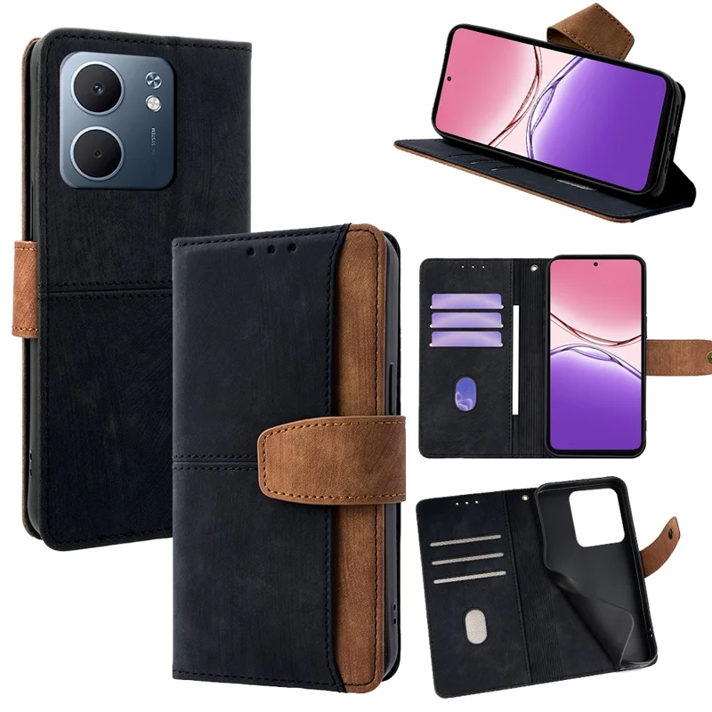 For Oppo A5x 5G Case RFID Blocking Color Splicing PU Leather Wallet Phone Cover - Black
