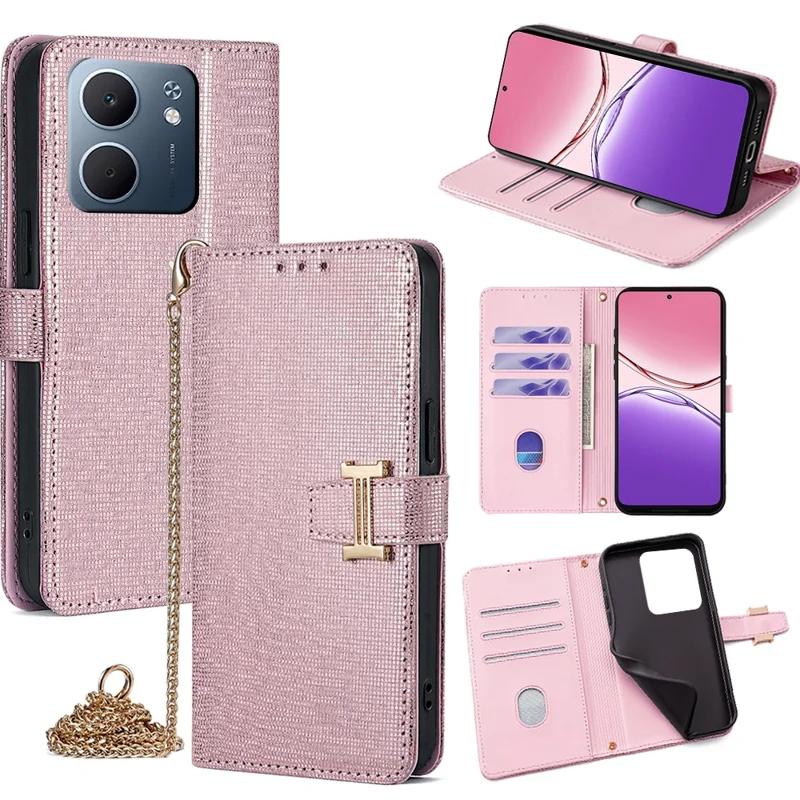 Funda tipo cartera para Oppo A5x 5G con lentejuelas, cuero y correa cruzada - Oro Rosa