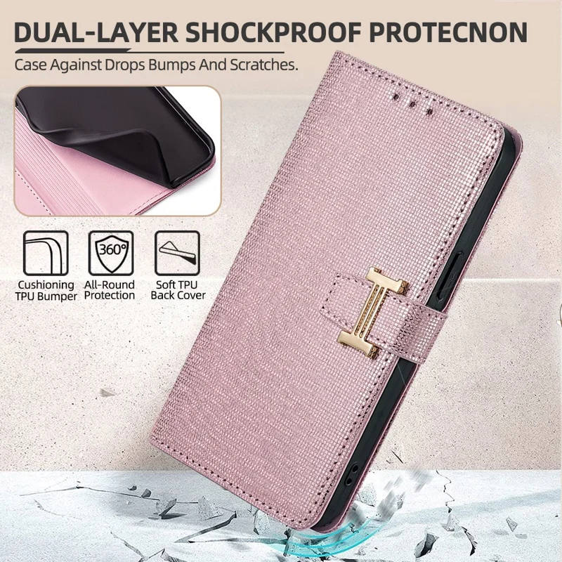 Funda tipo cartera para Oppo A5x 5G con lentejuelas, cuero y correa cruzada - Oro Rosa