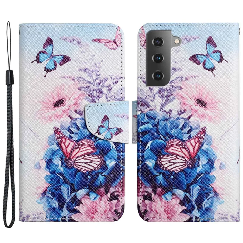 For Samsung Galaxy S23+ Cross Texture PU Leather Shockproof Phone Case Pattern Printing Wallet Stand Folio Flip Cover - Purple Butterflies