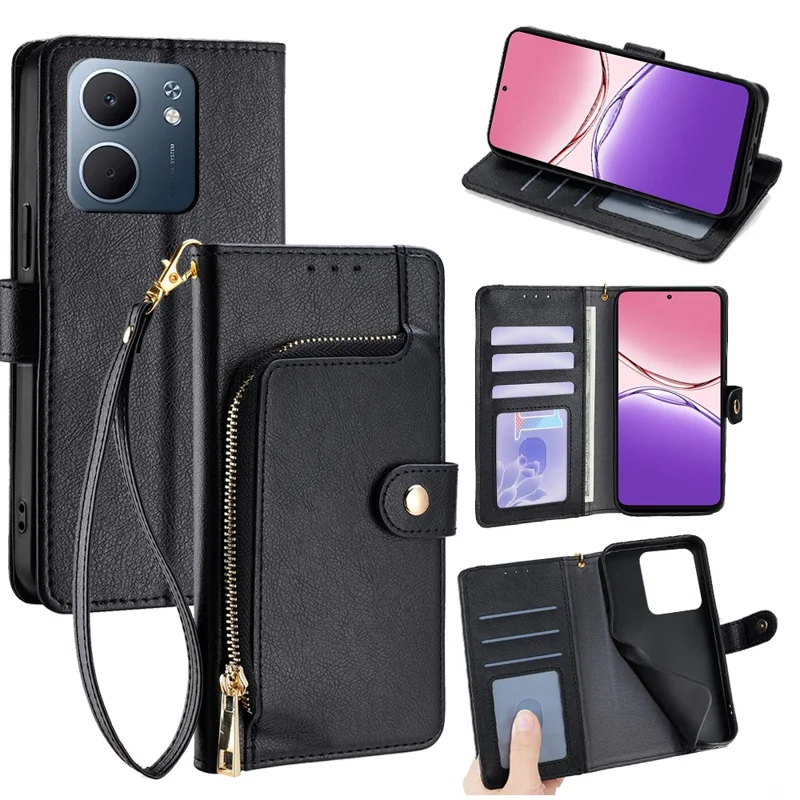 Capa para Oppo A5x 5G Bolso com Zíper Carteira de Couro PU Flip Phone com Alça - Preto