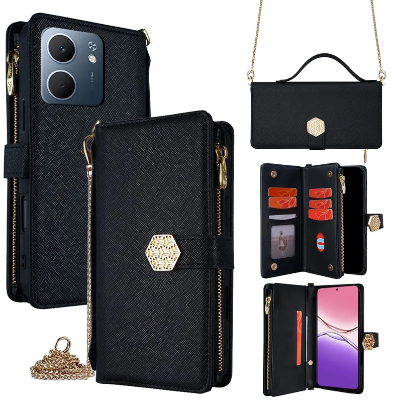 For Oppo A5x 5G Case Cross Texture PU Leather + TPU Wallet Phone Cover with Strap - Black