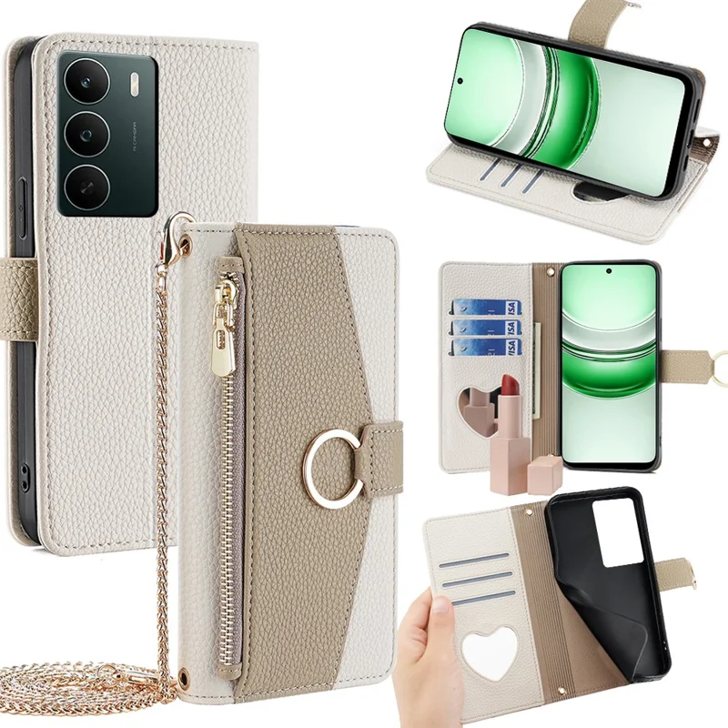 Cover a portafoglio con specchio per Realme C71 4G con cinturino a tracolla - Bianco