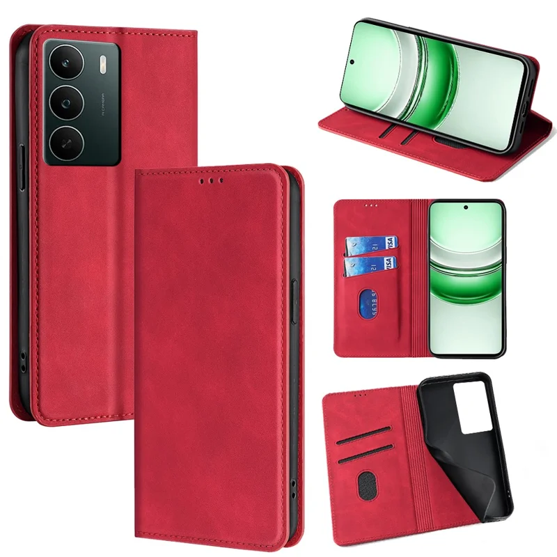 For Realme C71 4G Case Card Holder PU Leather Magnetic Closing Phone Cover - Red